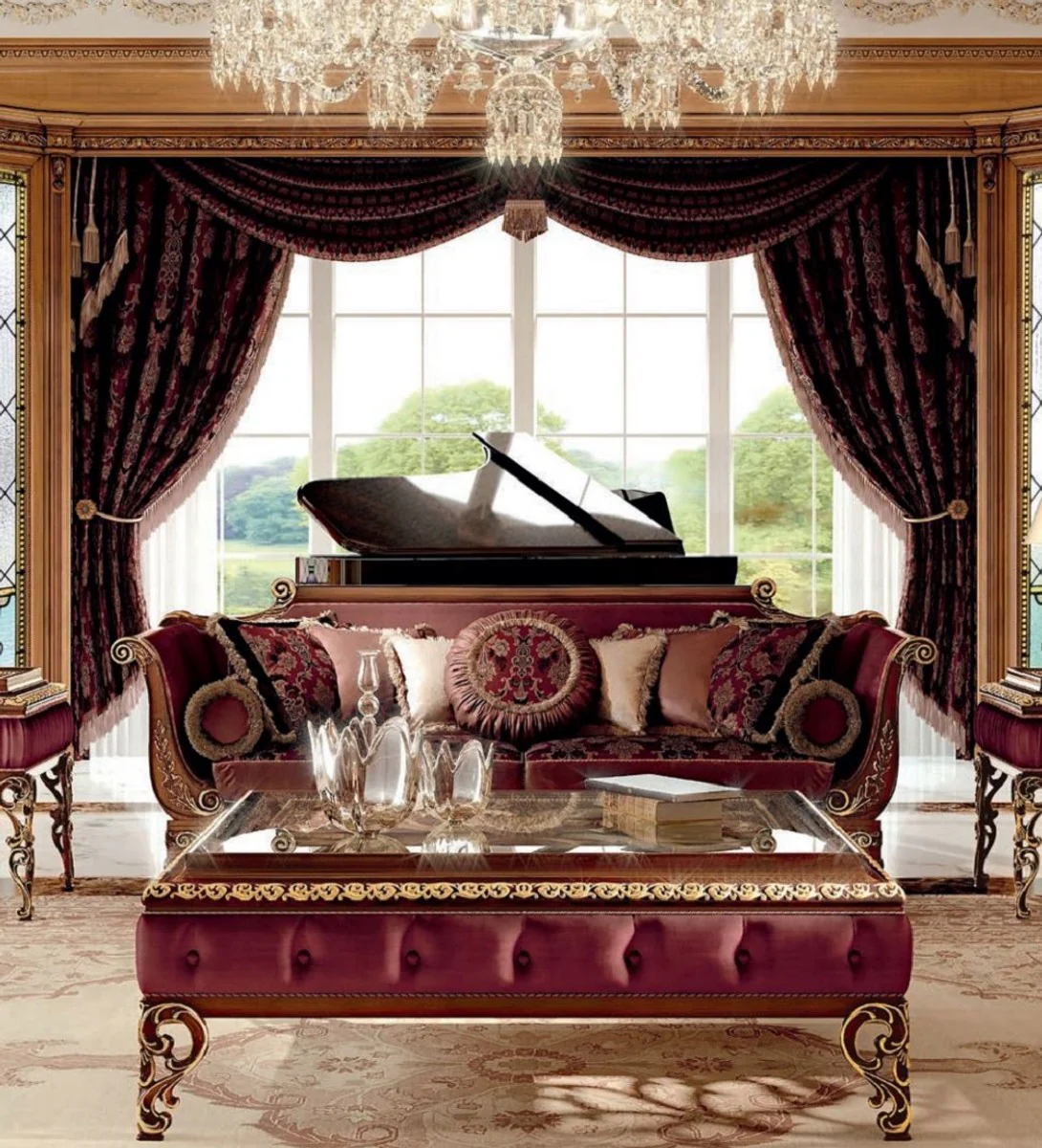 Luxus Barock Sofa Lila / Braun / Gold - Barockstil Wohnzimmer Sofa mit elegantem Muster - Barock Möbel - Barock Wohnzimmer & Hotel Möbel - Luxus Qualität - Made in Italy