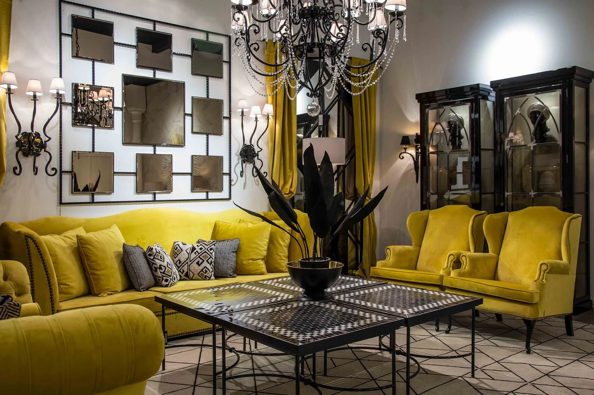 Luxus Jugendstil Couchtisch Schwarz / Weiß 80 x 80 x H. 45 cm - Handgefertigter Schmiedeeisen Tisch mit Keramik Fliesen Tischplatte - Wohnzimmer Garten Terrassen Tisch Möbel