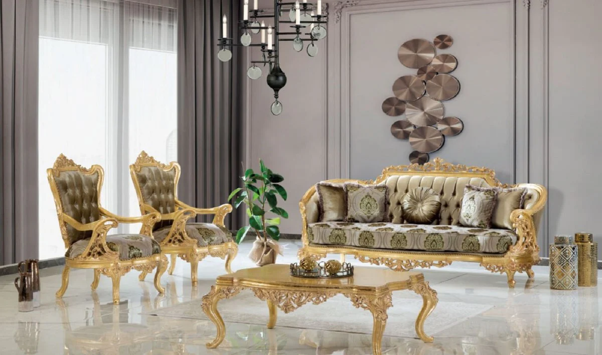 Luxus Barock Couchtisch Gold 120 x 90 x H. 46 cm - Handgefertigter Massivholz Wohnzimmertisch im Barockstil - Prunkvolle Barock Möbel