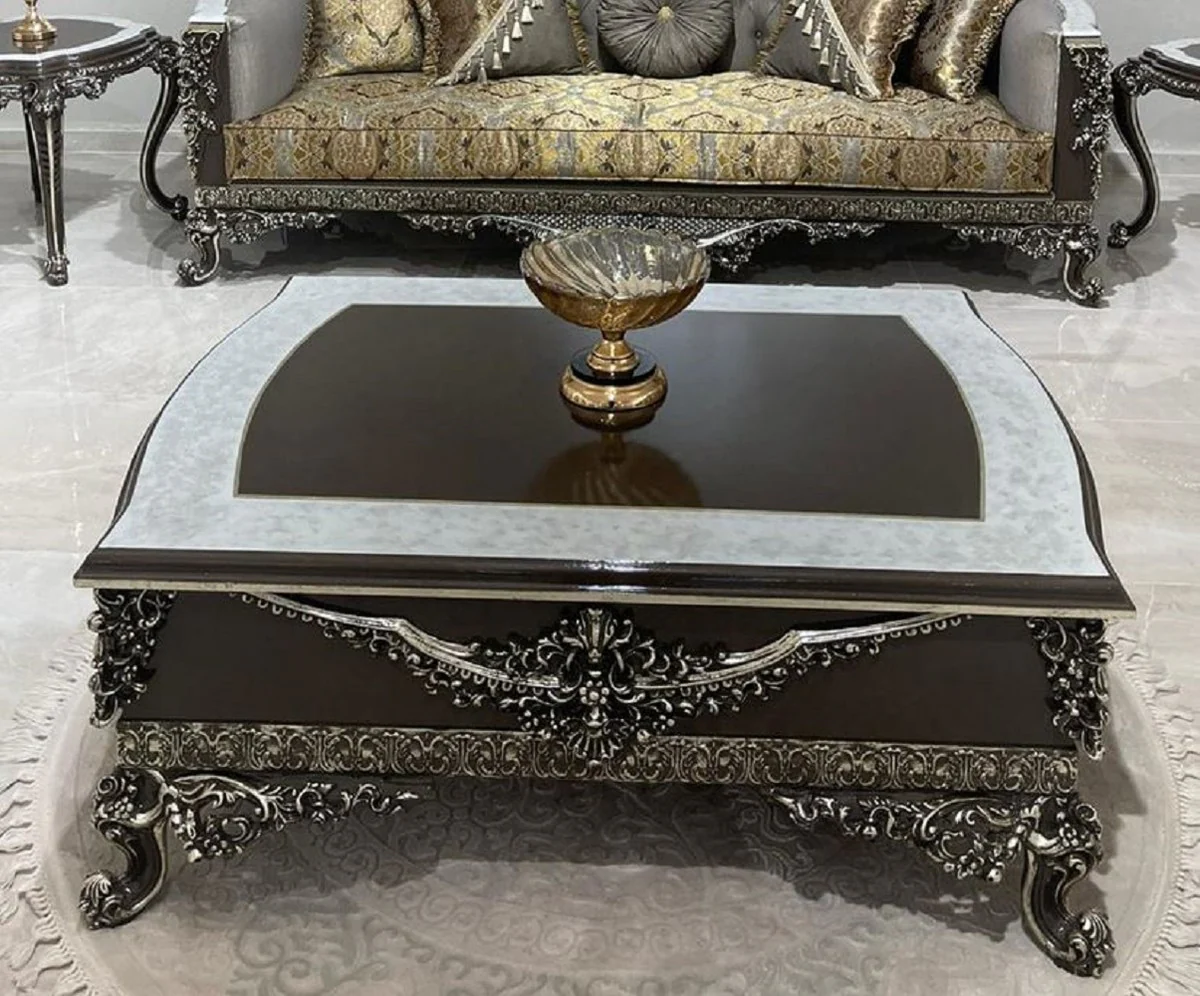 Luxus Barock Couchtisch Schwarz / Weiß / Silber - Prunkvoller Wohnzimmertisch im Barockstil - Barockstil Wohnzimmer Möbel - Barock Einrichtung - Barock Möbel - Luxus Möbel im Barockstil
