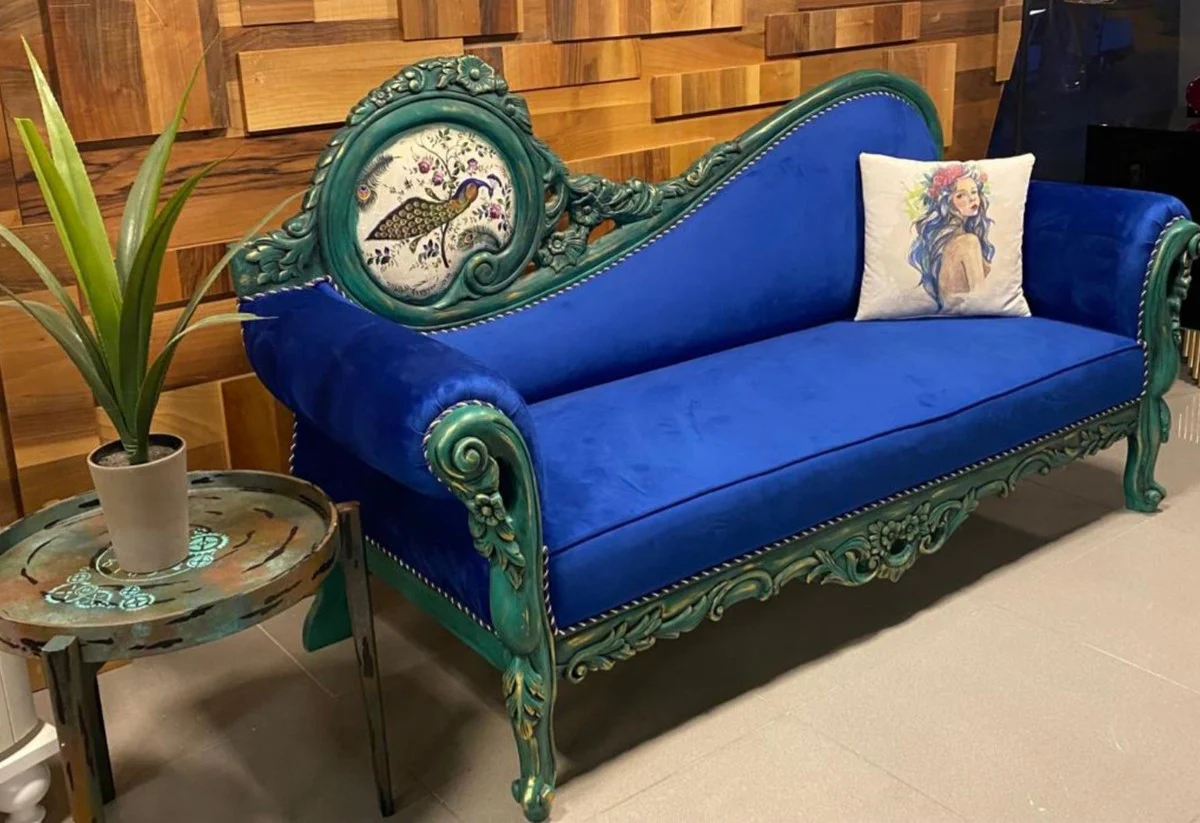 Luxus Barock Sofa Blau / Mehrfarbig / Grün - Prunkvolles Wohnzimmer Sofa im Barockstil - Barock Wohnzimmer Möbel