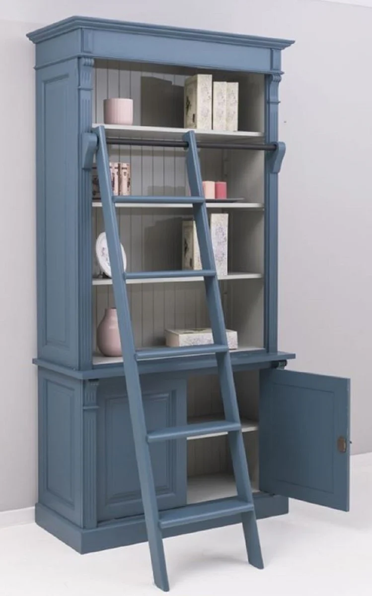 Landhausstil Bücherschrank mit Leiter Blau / Grau 120 x 51 x H. 228 cm - Massivholz Schrank - Regalschrank - Wohnzimmerschrank - Büroschrank - Landhausstil Möbel