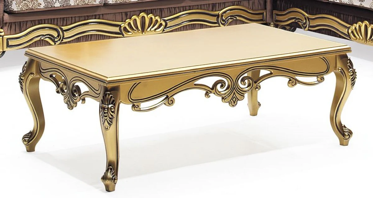 Luxus Barock Couchtisch Gold - Rechteckiger Massivholz Wohnzimmertisch im Barockstil - Barock Möbel - Luxus Möbel im Barockstil - Barock Einrichtung - Edel & Prunkvoll