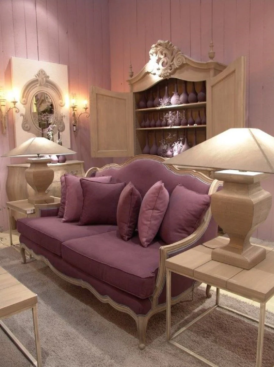 Luxus Barock Sofa Lila / Antik Beige 185 x 95 x H. 111 cm - Wohnzimmer Sofa mit dekorativen Kissen - Edle Barock Möbel