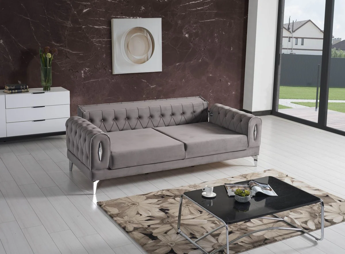 Luxus Schlafsofa Grau / Silber 225 x 95 x H. 83 cm - Wohnzimmer Sofa mit 4 Kissen - Luxus Wohnzimmer Möbel