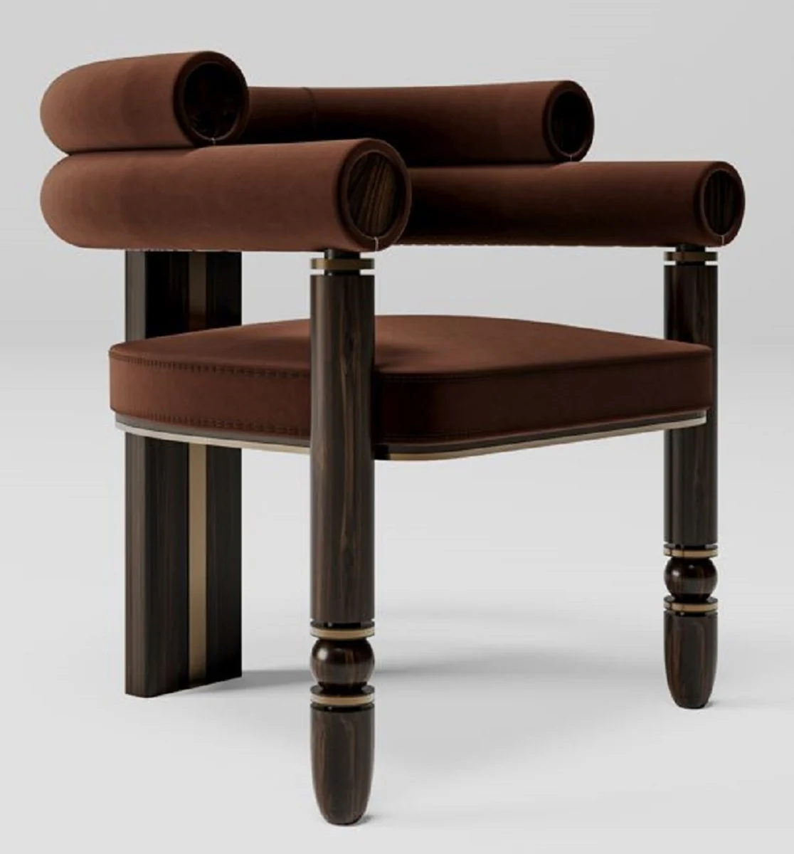 Luxus Samt Esszimmer Stuhl mit Armlehnen Braun / Dunkelbraun / Messing 69 x 63 x H. 72 cm - Küchen Stuhl mit edlem Samtstoff - Esszimmer Möbel - Luxus Möbel