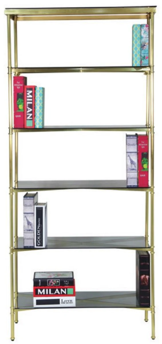 Luxus Metall Regalschrank mit Glasregalen Gold / Grau 118 x 42 x H. 216 cm - Bücherschrank - Wohnzimmer Schrank - Büro Schrank - Wohnzimmer Möbel - Büro Möbel - Luxus Möbel