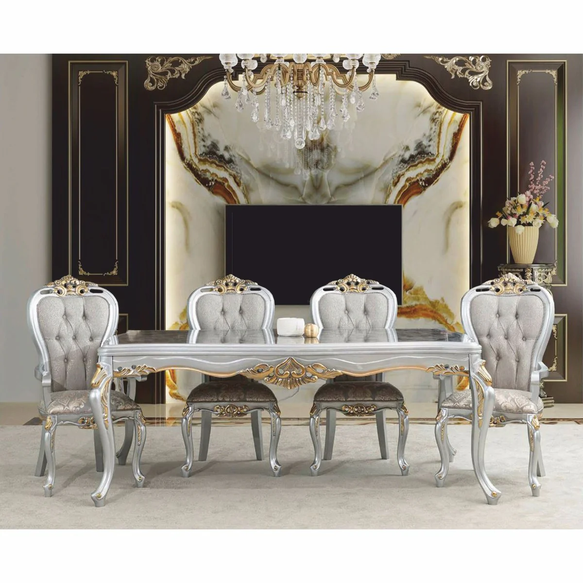 Luxus Barock Esstisch Grau / Silber / Gold 208 cm - Barock Möbel
