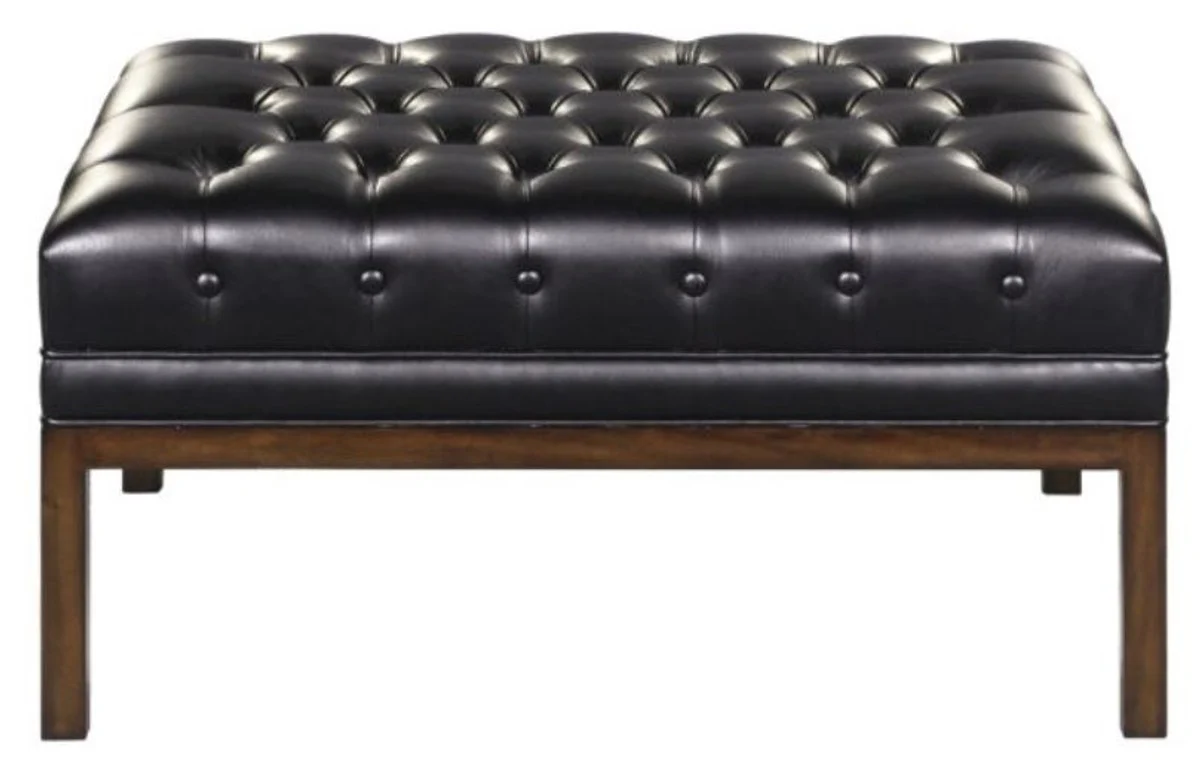Chesterfield Echtleder Fußhocker Schwarz / Braun 80 x 59 x H. 40 cm - Hotel Möbel