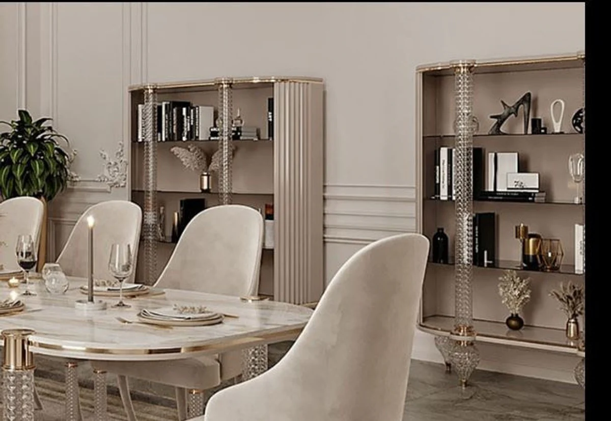 Luxus Art Deco Esszimmer Set Weiß / Grau / Gold - 1 Art Deco Esstisch mit Kunstmarmor Tischplatte & 6 Art Deco Esszimmerstühle - Art Deco Esszimmer Möbel - Luxus Qualität