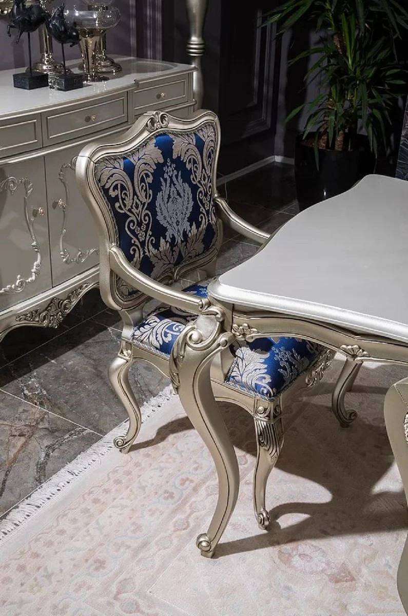 Luxus Barock Esstisch Silber - Prunkvoller Massivholz Esszimmertisch - Prunkvolle Barock Esszimmer Möbel