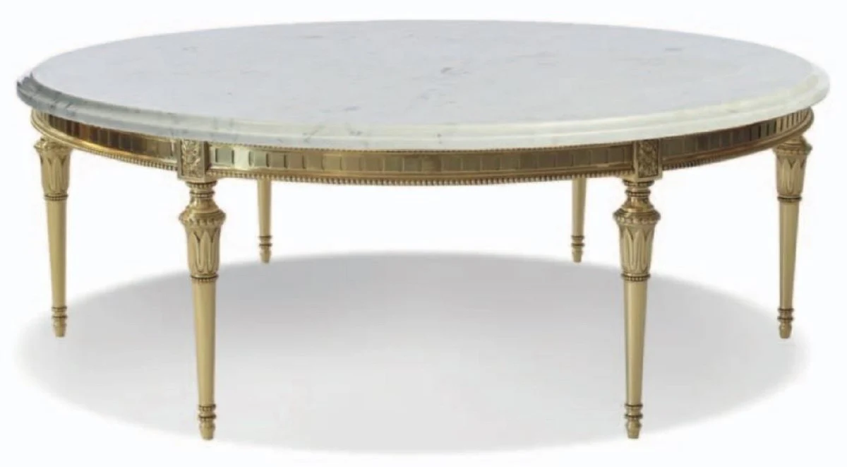 Luxus Barock Couchtisch Weiß / Gold - Runder Massivholz Wohnzimmertisch mit Carrara Marmor Tischplatte - Barock Wohnzimmer & Hotel Möbel - Erstklassische Qualität - Made in Italy