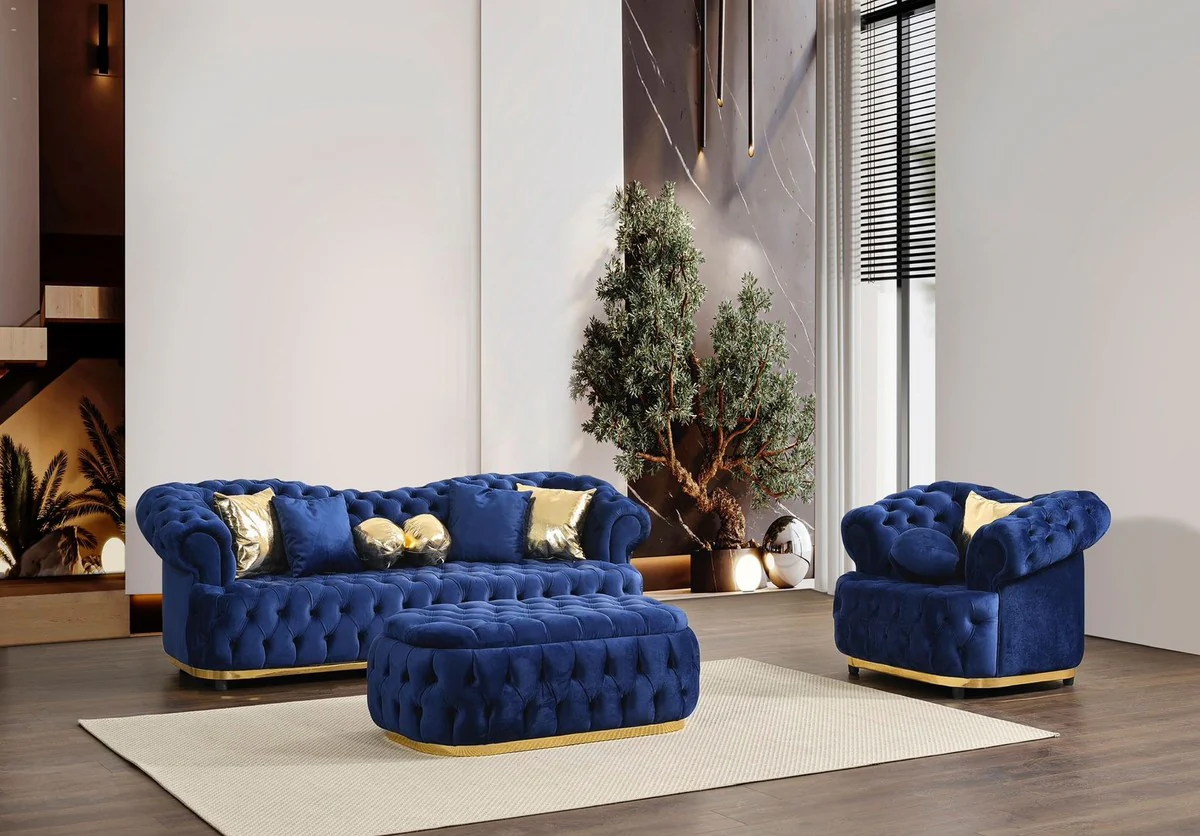 Luxus Chesterfield Samt Sofa Blau / Gold / Schwarz 240 cm