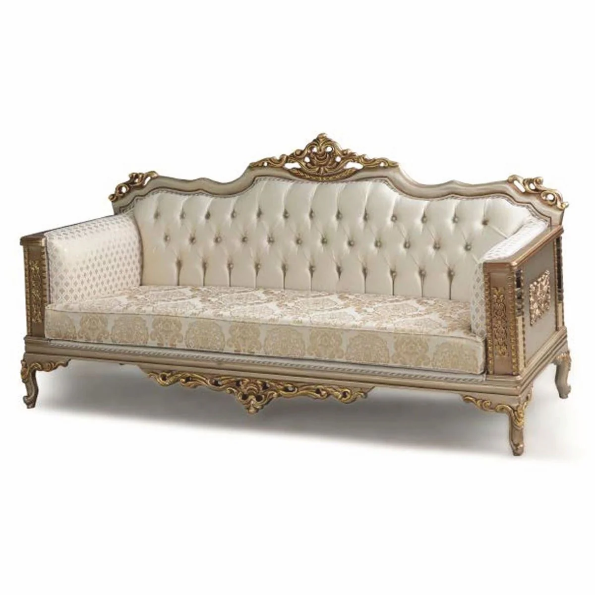 Luxus Barock Wohnzimmer Sofa Creme / Grau / Gold 220 cm - Barock Möbel