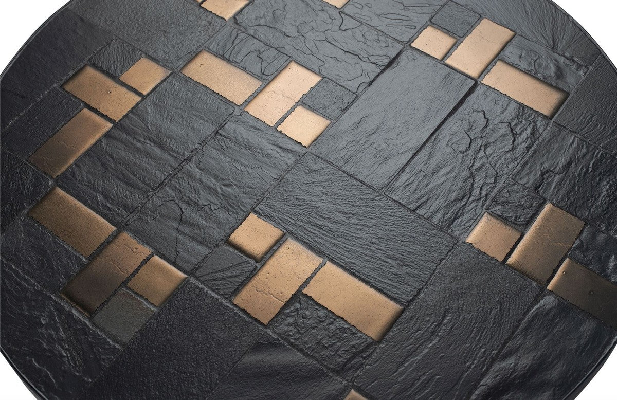 Luxus Wohnzimmertisch Mehrfarbig / Schwarz Ø 50 x H. 53 cm - Runder Couchtisch mit Schieferplatten & Keramik Fliesen