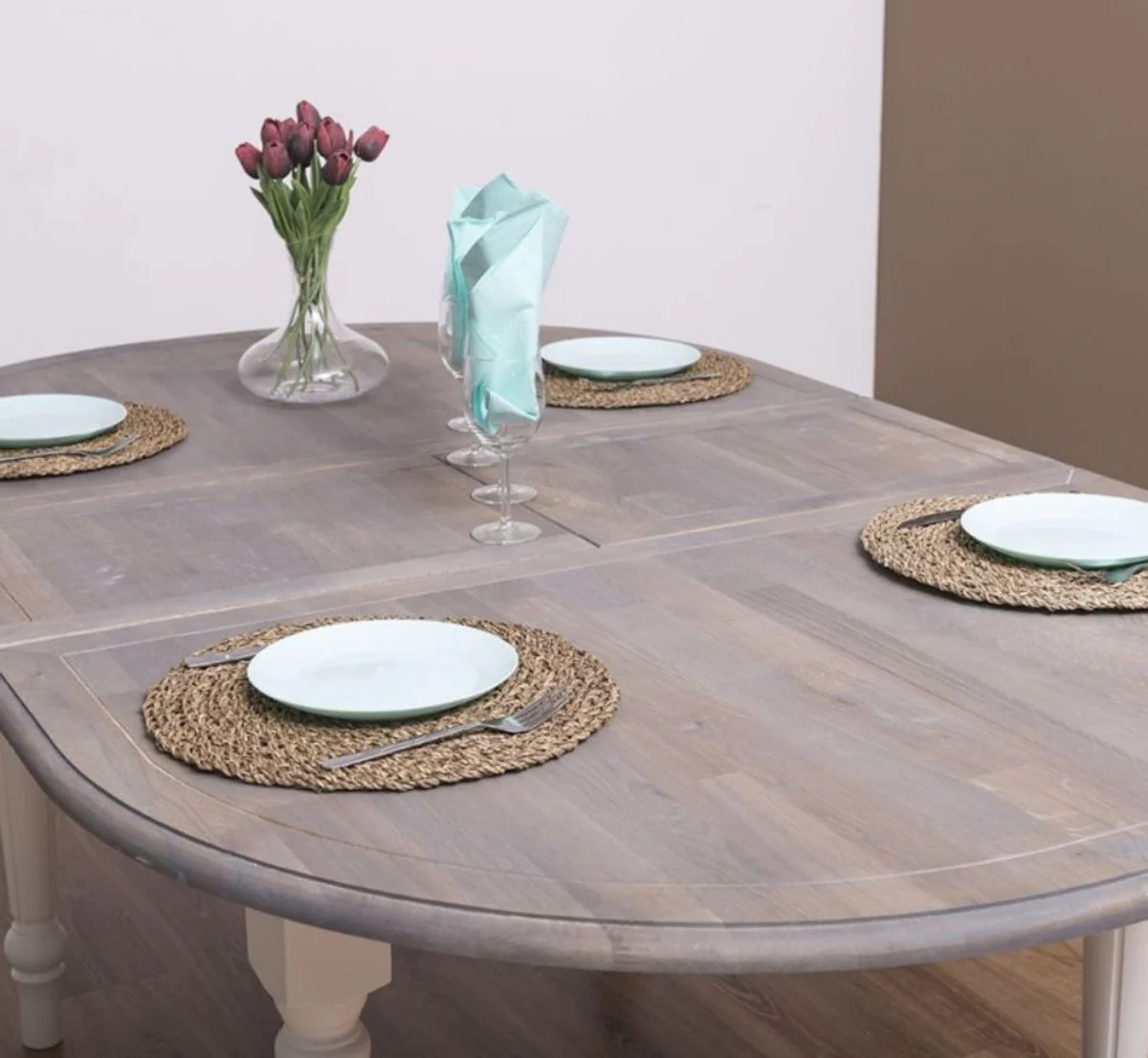 Landhausstil Esstisch Grau / Weiß 160 x 120 x H. 78 cm - Ovaler massivholz Küchentisch mit Eichenholz Tischplatte - Esszimmer Möbel im Landhausstil