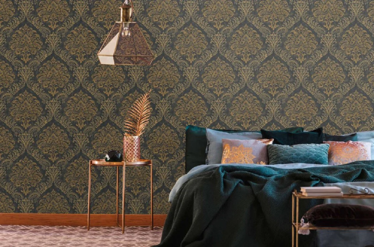 Barock Vliestapete Schwarz / Gold Metallic