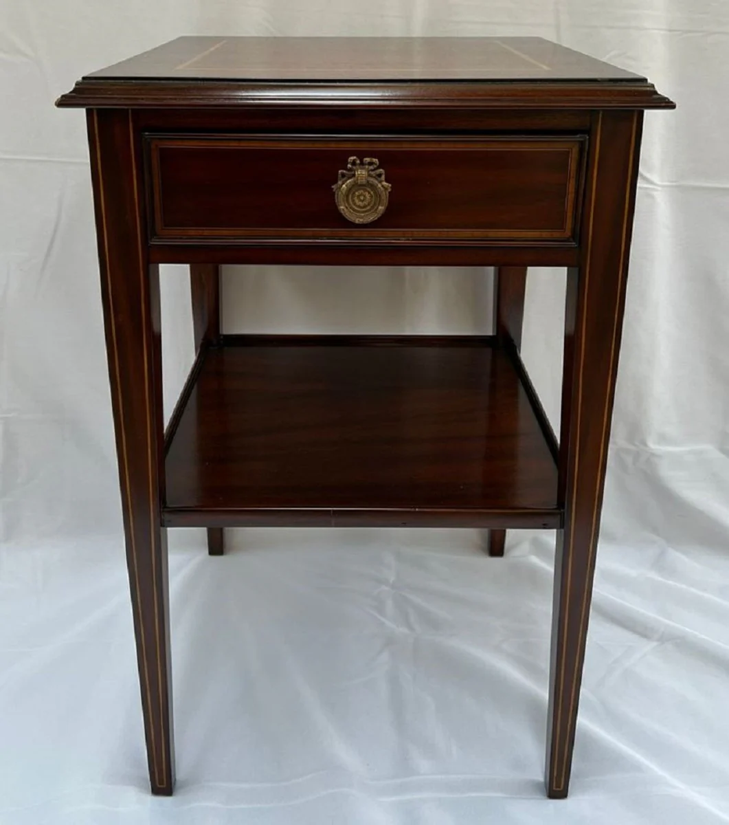 Luxus Jugendstil Mahagoni Beistelltisch mit Schublade Braun 40 x 40 x H. 61 cm - Massivholz Nachttich - Barock & Jugendstil Möbel