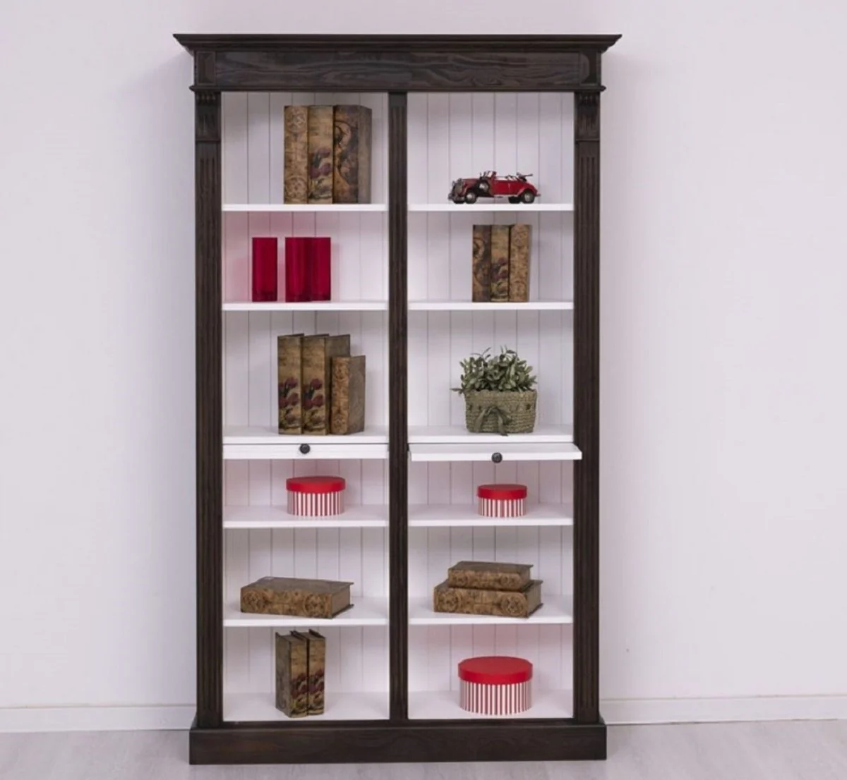 Landhausstil Bücherschrank Schwarz / Weiß 120 x 37 x H. 197 cm - Massivholz Schrank - Regalschrank - Wohnzimmerschrank - Landhausstil Möbel