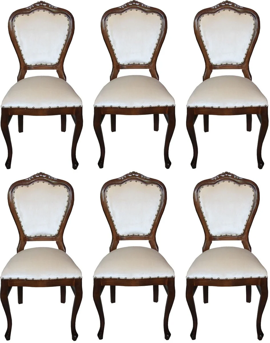 Luxus Barock Esszimmer Set Creme / Braun 45 x 46 x H. 99 cm - 6 handgefertigte Esszimmerstühle - Barock Esszimmermöbel