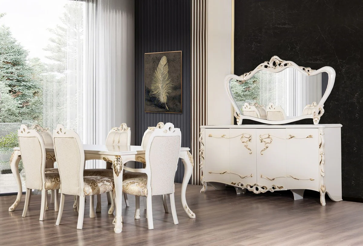 Luxus Barock Esszimmer Stuhl 8er Set Weiß / Gold - Prunkvolle Barockstil Küchen Stühle - Barockstil Möbel - Luxus Esszimmer Möbel im Barockstil - Barock Esszimmer Möbel