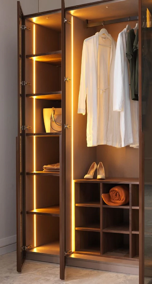 Luxus Schlafzimmerschrank Dunkelbraun 360 x 62 x H. 230 cm - Beleuchteter Kleiderschrank mit 8 Glastüren - Schlafzimmer Möbel - Hotel Möbel - Luxus Möbel