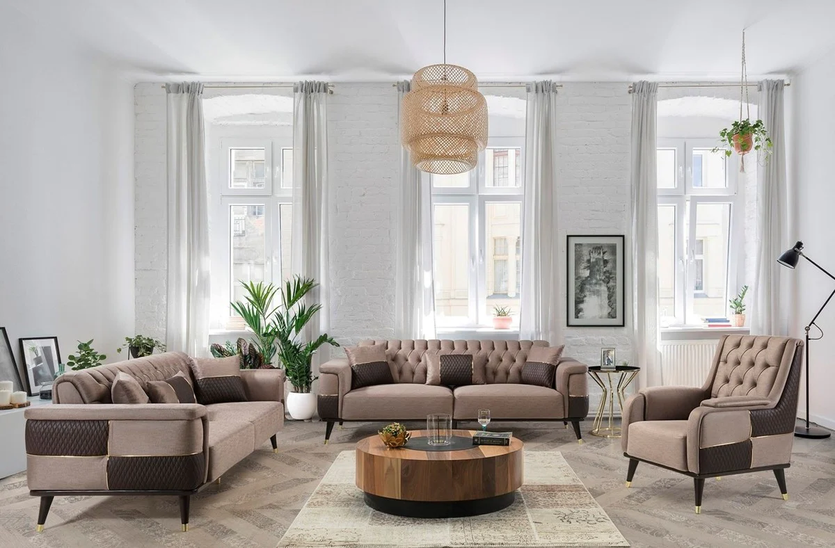 Luxus Schlafsofa Braun / Dunkelbraun / Gold 225 x 94 x H. 83 cm - Modernes Wohnzimmer Sofa - Wohnzimmer Möbel