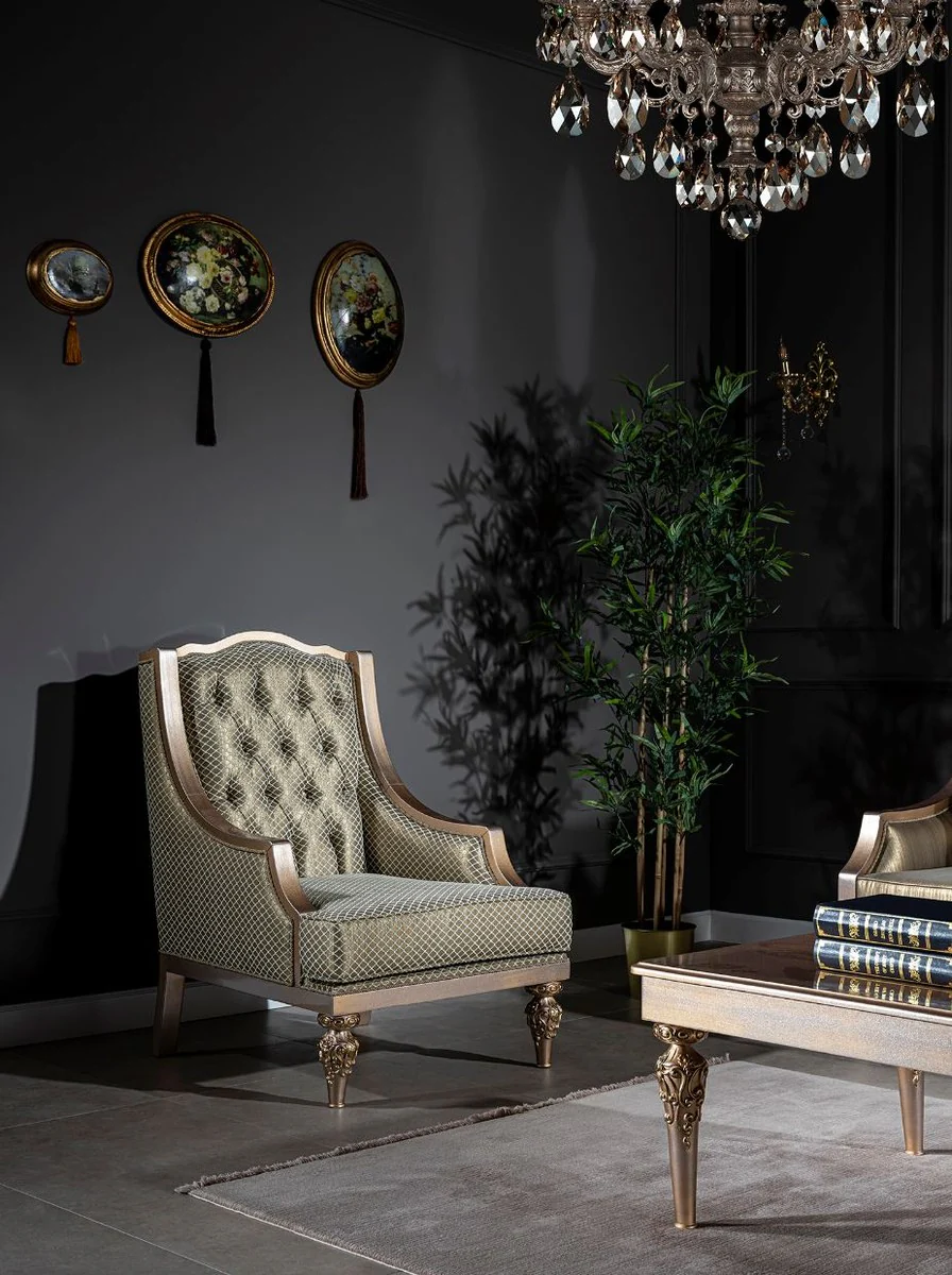 Luxus Barock Wohnzimmer Set Grün / Silber / Kupfer / Gold - 2 Sofas & 2 Sessel & 1 Couchtisch - Wohnzimmer Möbel im Barockstil - Edel & Prunkvoll