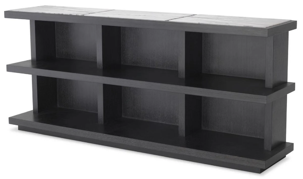 Luxus Regalschrank Anthrazitgrau / Weiß / Fliederfarben 160 x 35 x H. 70 cm - Edler Massivholz Schrank mit 3 Regalen und Marmorplatten - Luxus Wohnzimmer Möbel