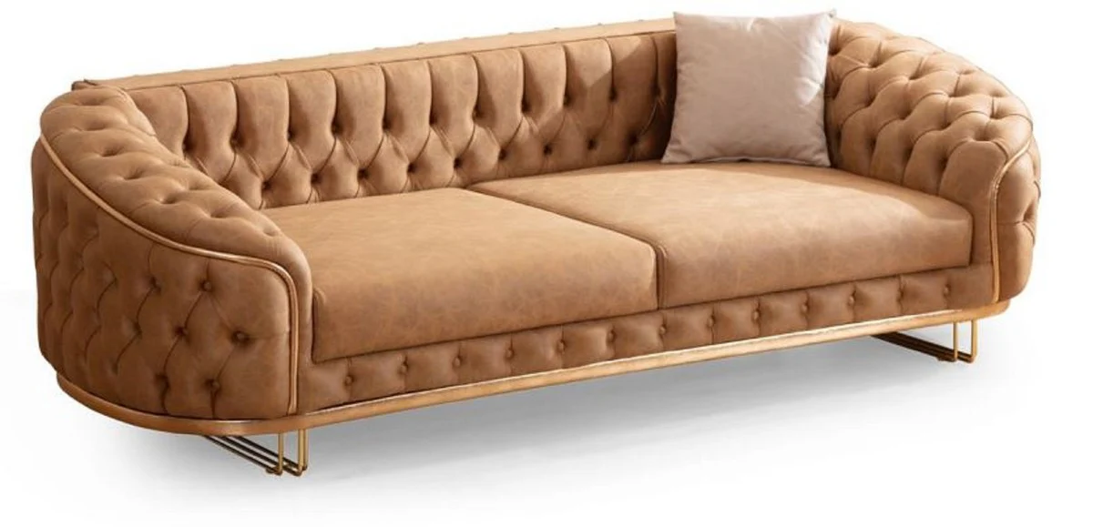 Luxus Chesterfield Wohnzimmer Set Vintage Braun / Messing - 2 Luxus Chesterfield Sofas & 2 Luxus Chesterfield Sessel - Wohnzimmer Möbel - Luxus Möbel - Chesterfield Möbel