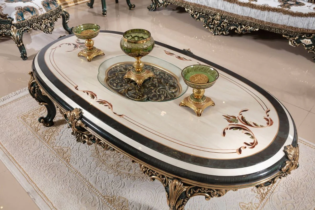 Luxus Barock Couchtisch Beige / Weiß / Grün / Gold - Prunkvoller Massivholz Wohnzimmertisch mit Glasplatte - Barock Wohnzimmer Möbel - Edel & Prunkvoll