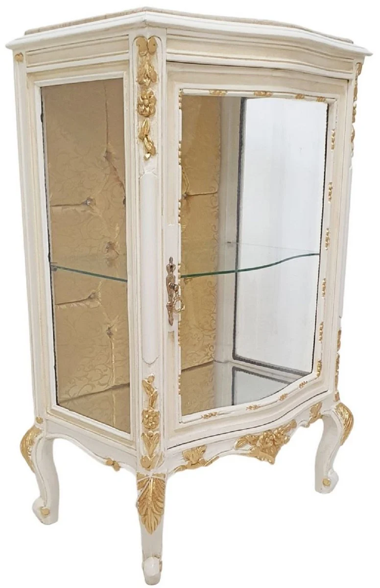 Barock Vitrine Weiß / Creme / Gold - Handgefertigter Massivholz Vitrinenschrank mit Glitzersteinen und Marmorplatte - Wohnzimmer Möbel im Barockstil - Barock Möbel