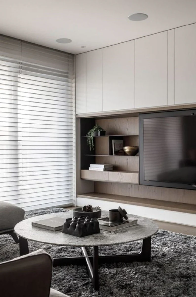 Luxus Couchtisch Weiß / Schwarz Ø 120 x H. 35 cm - Runder Massivholz Wohnzimmertisch mit Marmorplatte - Luxus Wohnzimmer Möbel