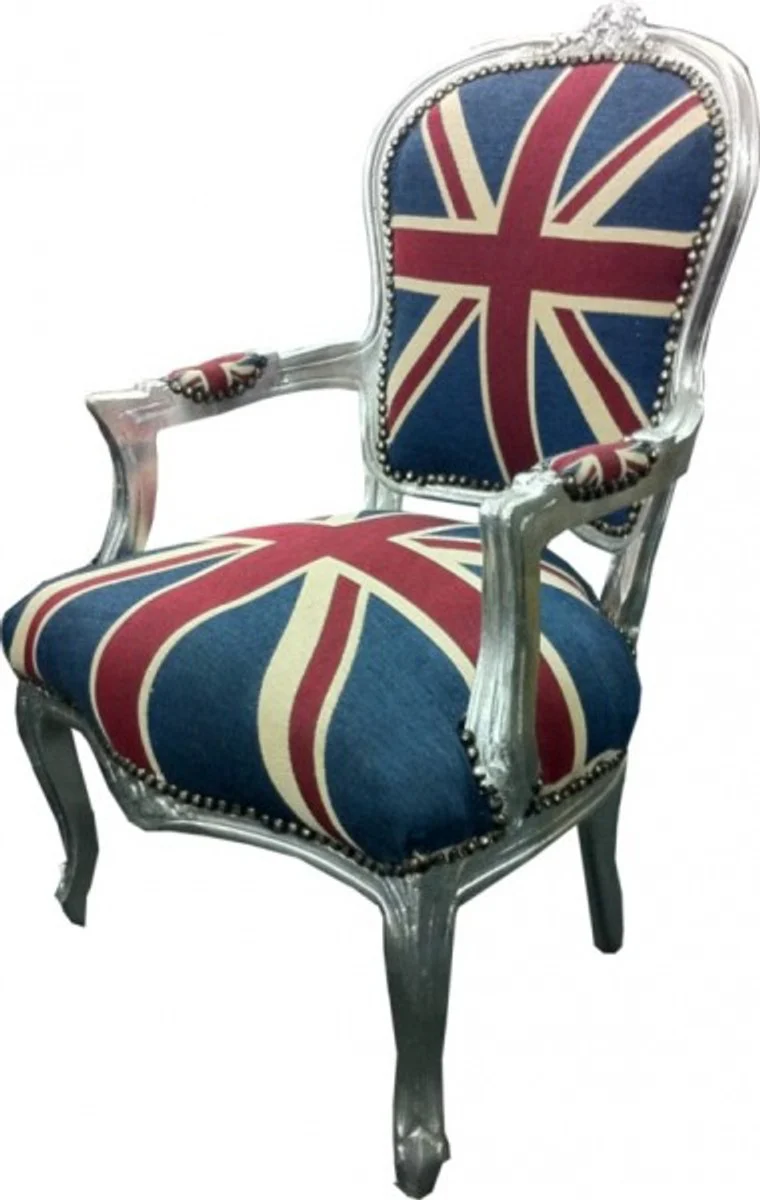 Barock Salon Stuhl Union Jack Design / Silber