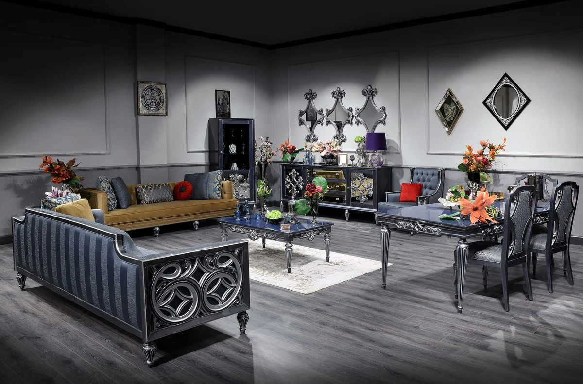 Luxus Barock Esszimmer Stuhl Set Silber / Blau 54 x 53 x H. 109 cm - Edles Küchen Stühle 6er Set - Barock Esszimmer Möbel