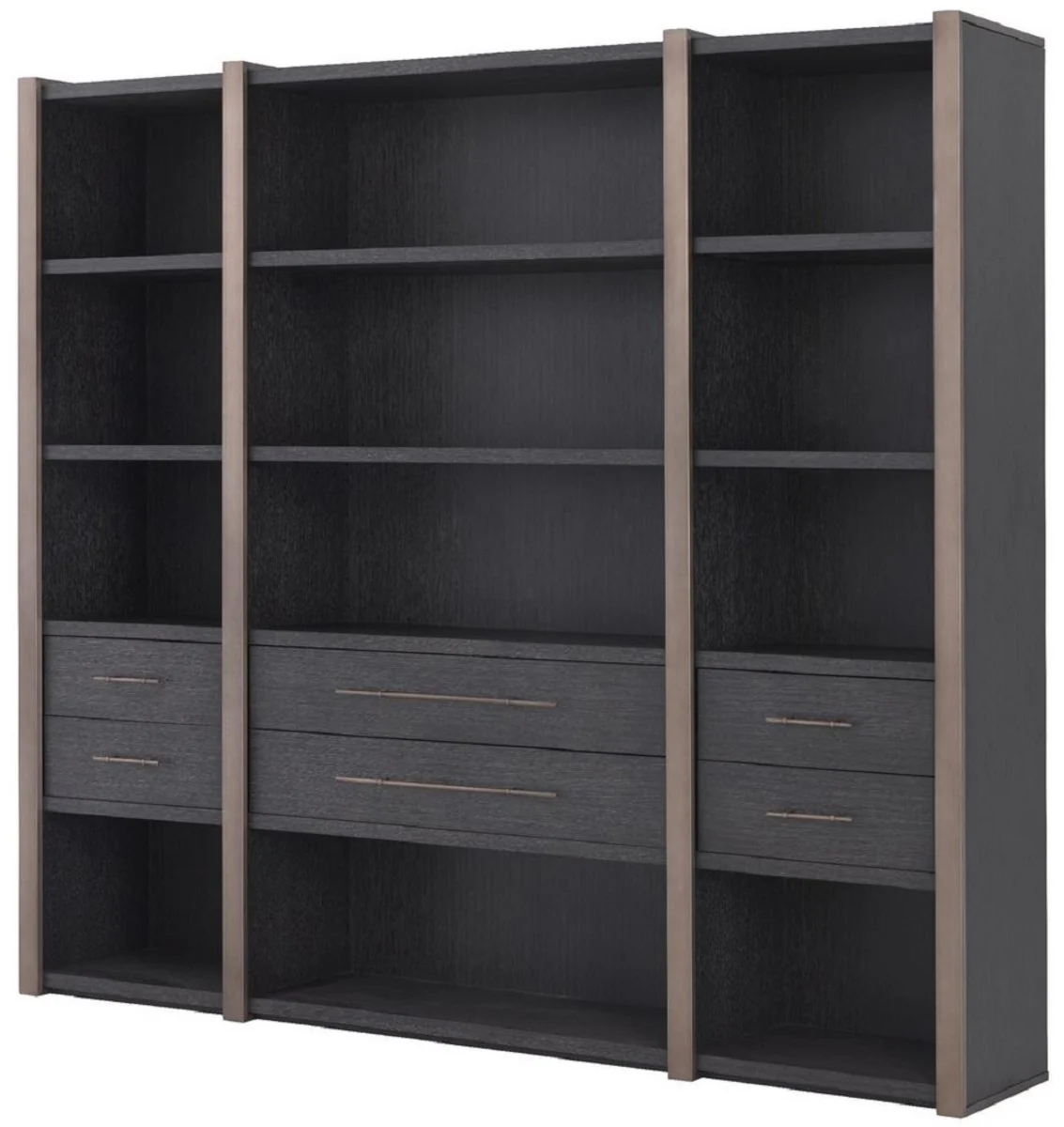 Luxus Regalschrank mit 6 Schubladen Anthrazitgrau / Bronzefarben 253 x 47 x H. 229 cm - Bücherschrank - Wohnzimmerschrank - Büroschrank - Luxus Schrank