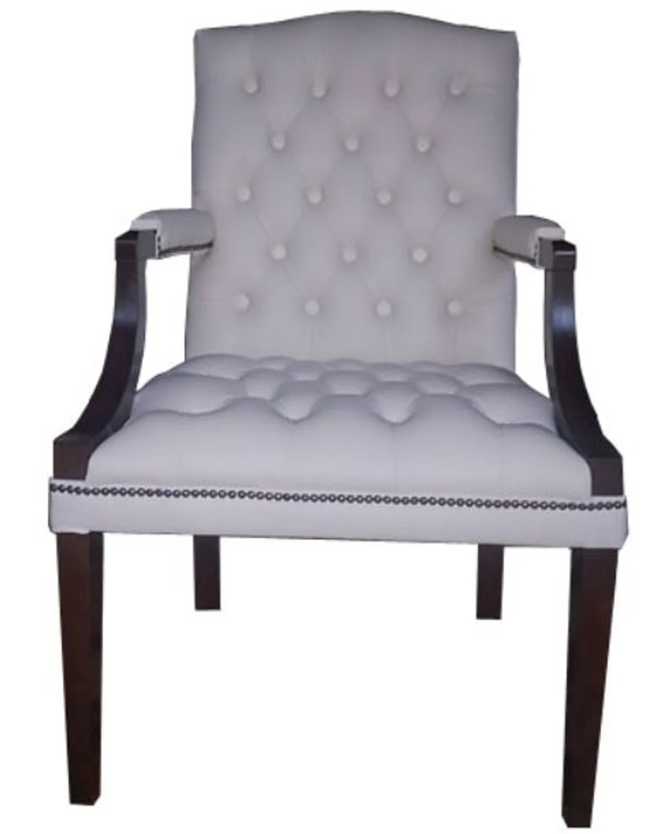 Echtleder Esszimmerstuhl mit Armlehnen Weiß / Dunkelbraun 60 x 60 x H. 100 cm - Chesterfield Möbel