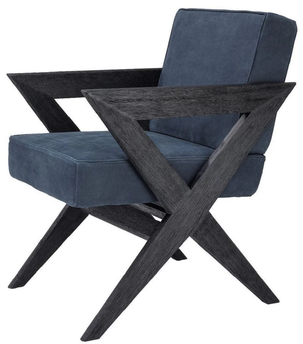 Luxus Echtleder Esszimmerstuhl mit Armlehnen Blau / Schwarz 59 x 74 x H. 88 cm - Küchenstuhl mit edlem Nubuk Büffelleder - Luxus Esszimmer Möbel