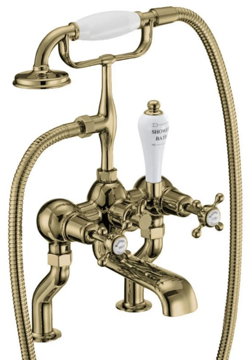 Luxus Jugendstil Badewannenarmatur Gold / Weiß H. 50,3 cm - Nostalgische Messing Badewannen Armatur mit Handbrause - Nostalgisches Badezimmer Zubehör