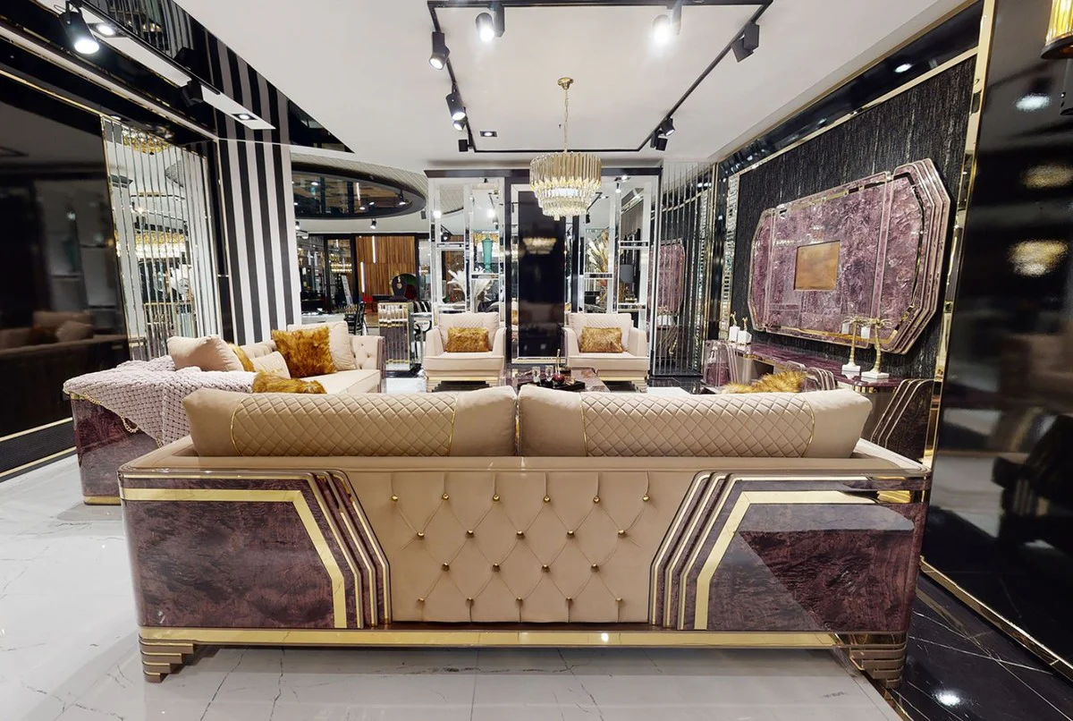 Luxus Art Deco Wohnzimmer Set Beige / Lila / Grau / Gold - 2 Sofas & 2 Sessel & 1 Couchtisch - Luxus Art Deco Wohnzimmer & Hotel Möbel