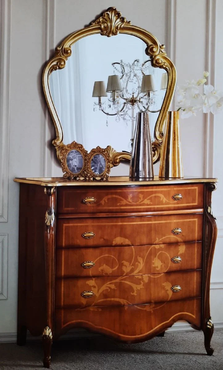 Luxus Barock Kommode Dunkelbraun / Gold - Mahagoni Schrank mit Sekretär Klappfach und 3 Schubladen - Barock Möbel - Luxus Qualität - Made in Italy