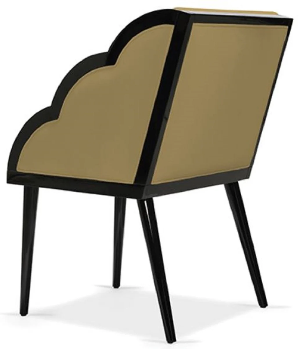 Luxus Art Deco Esszimmerstuhl mit Armlehnen Ocker / Schwarz 61 x 67 x H. 89 cm - Edler Massivholz Küchenstuhl mit Samtstoff - Art Deco Esszimmer Möbel - Luxus Qualität