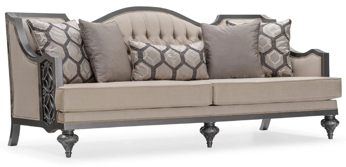 Luxus Barock Wohnzimmer Sofa Beige / Grau - Handgefertigtes Barockstil Sofa mit dekorativen Kissen - Luxus Wohnzimmer Möbel im Barockstil - Barock Möbel