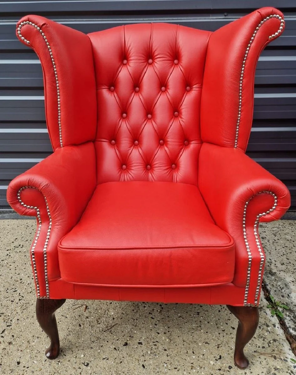 Luxus Chesterfield Ohrensessel Rot / Dunkelbraun 98 x 90 x H. 110 cm - Echtleder Chesterfield Wohnzimmer Sessel - Wohnzimmer Möbel - Chesterfield Möbel - Luxus Leder Möbel