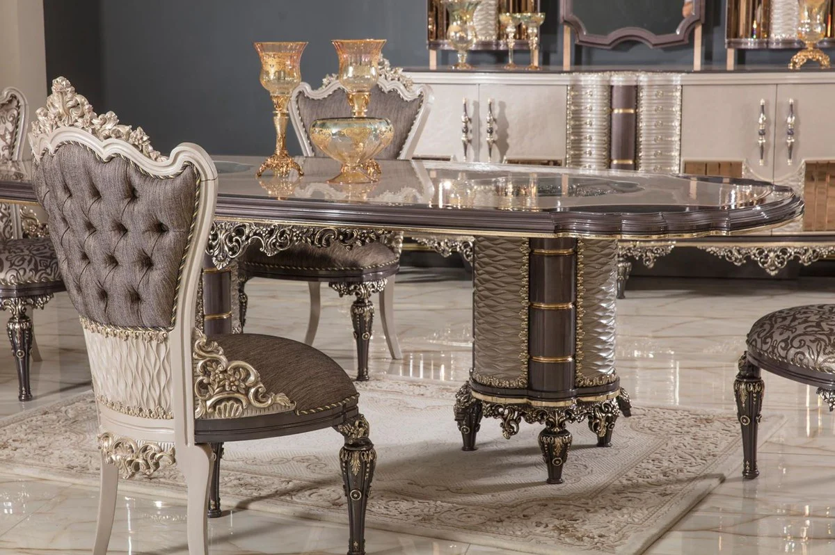 Luxus Barock Esstisch Grau / Braun / Gold - Prunkvoller Massivholz Esszimmertisch im Barockstil - Barock Esszimmer Möbel - Edel & Prunkvoll