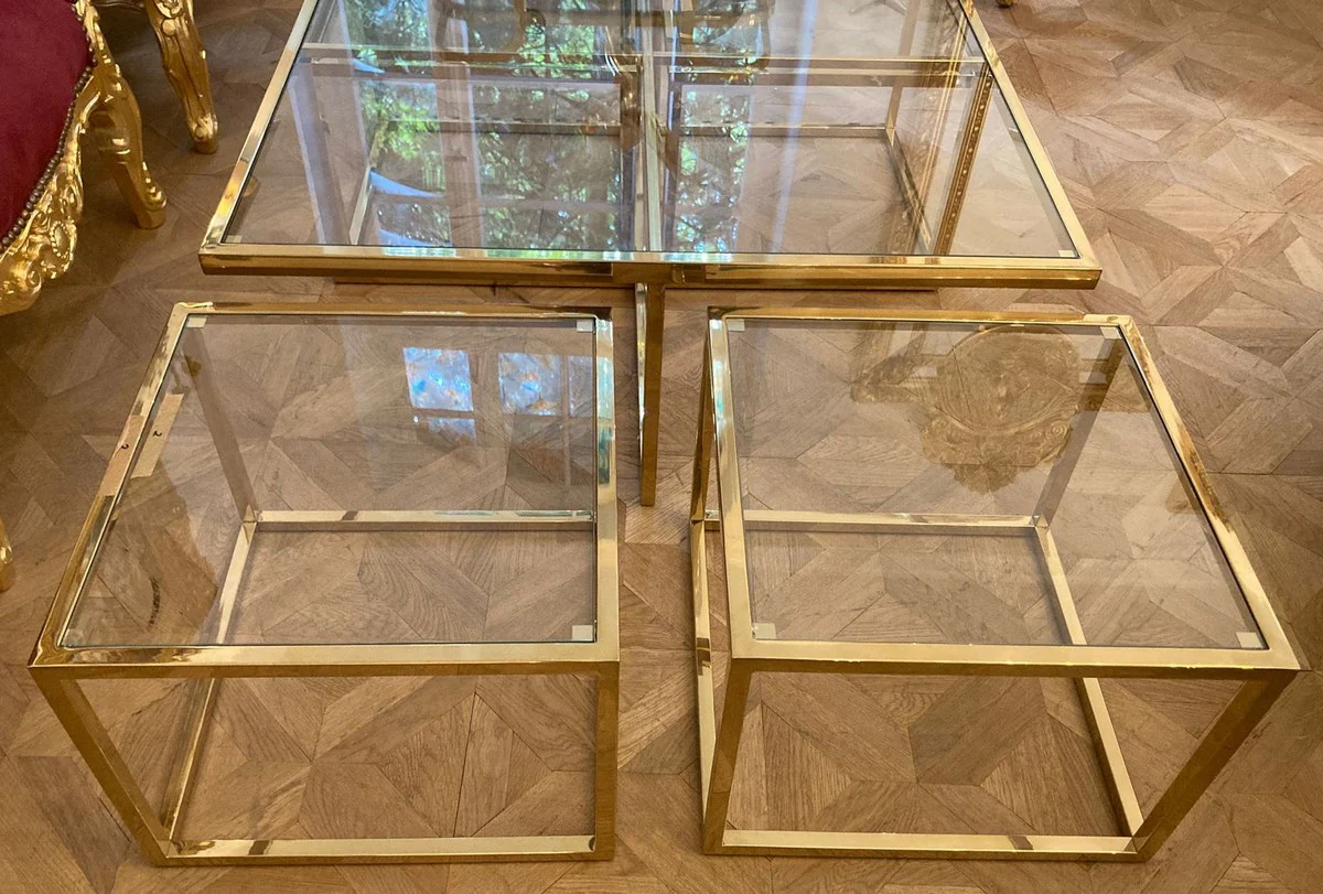 Luxus Couchtisch Gold 100 x 100 x H. 40 cm - Quadratischer Wohnzimmertisch mit 4 herausziehbaren Beistelltischen - Wohnzimmer Möbel - Luxus Möbel - Luxus Einrichtung