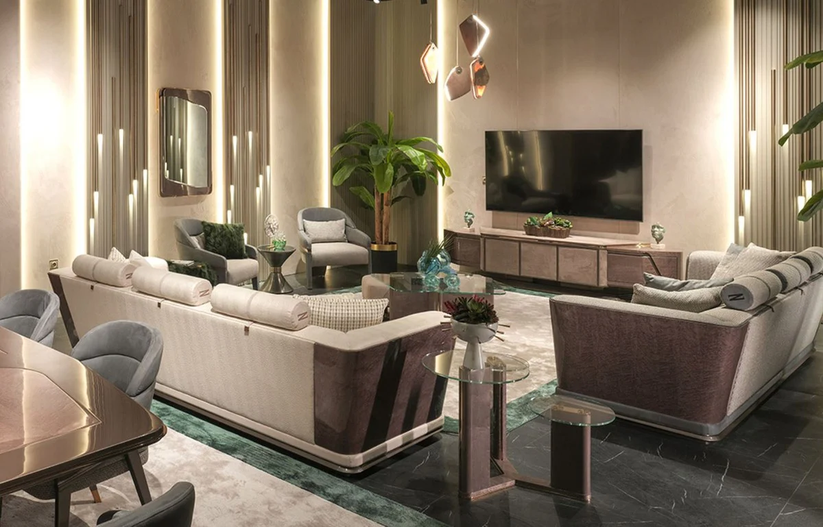 Luxus Sofa Creme / Grau / Gold 280 x 98 x H. 85 cm - Wohnzimmer Sofa - Hotel Sofa - Wohnzimmer Möbel - Wohnzimmer Einrichtung - Hotel Möbel - Luxus Möbel - Luxus Einrichtung