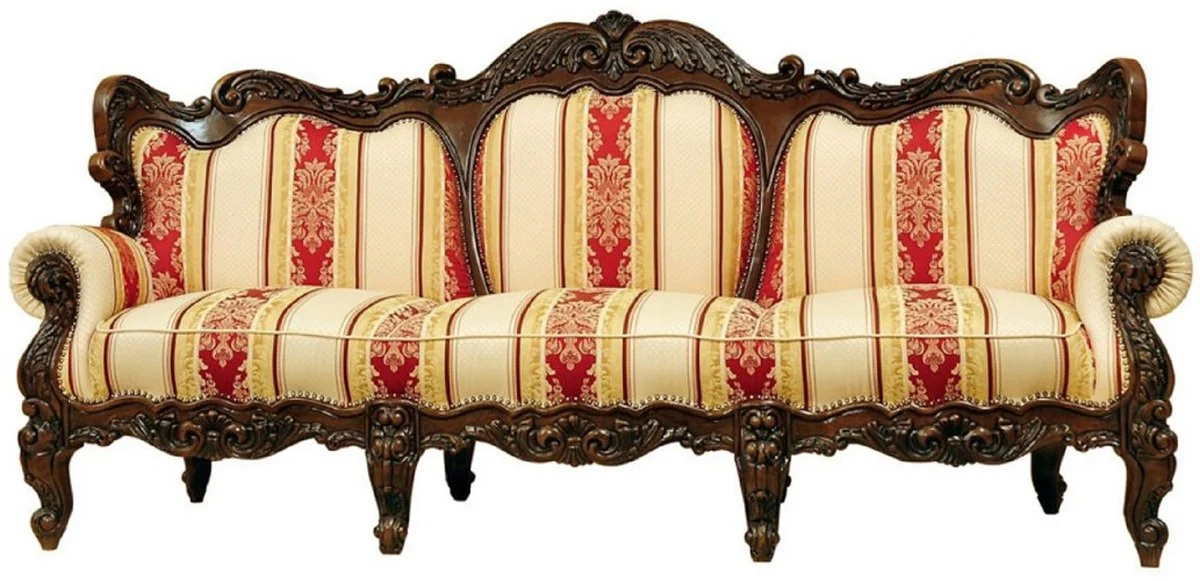 Luxus Barock Wohnzimmer Set Creme / Gelb / Rot / Dunkelbraun - 2 Barock Sofas & 2 Barock Sessel & 1 Barock Couchtisch - Wohnzimmer Möbel im Barockstil - Edel & Prunkvoll
