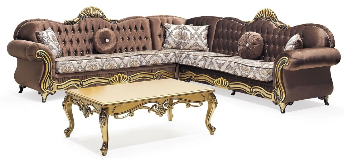 Luxus Barock Ecksofa Braun / Mehrfarbig / Gold - Prunkvolles Wohnzimmer Sofa mit Glitzersteinen und elegantem Muster - Barock Wohnzimmer Möbel - Edel & Prunkvoll