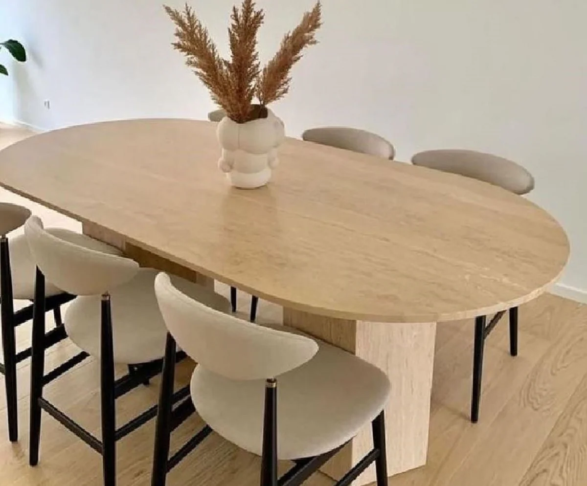 Luxus Esstisch Beige 230 x 100 x H. 74 cm - Ovaler Travertin Naturstein Esszimmertisch - Esszimmer Möbel - Travertin Möbel - Luxus Möbel - Luxus Einrichtung